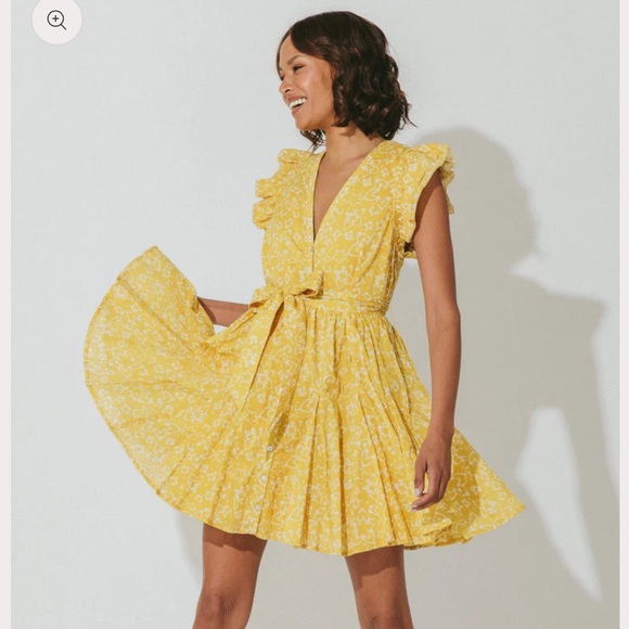 Cleobella Zia Mini Dress Cassia Ruffle Shoulder Yellow White Evereve Sz s - Picture 2 of 10